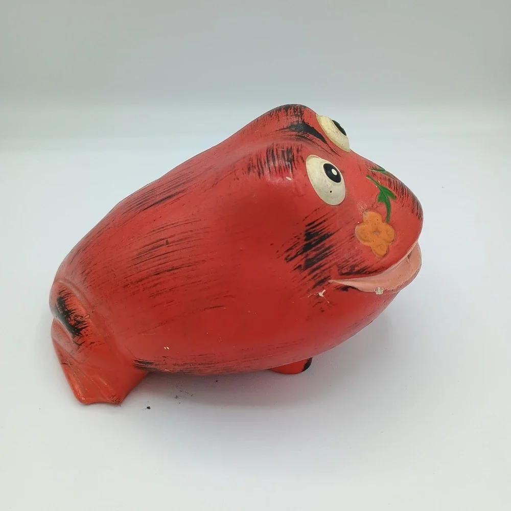 Vintage Painted Red Frog Coin Bank Resin